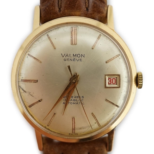 184 - A gentleman's 18k gold Valmon automatic wrist watch, with baton numerals and date aperture, case dia... 