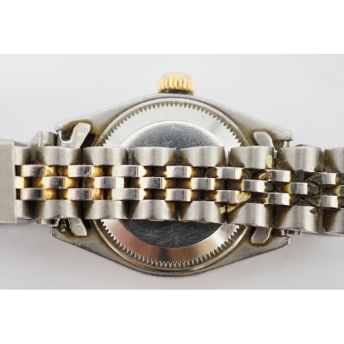 186 - A lady's late 20th century steel and gold Rolex Oyster Perpetual Date wrist watch, with yellow dial ... 