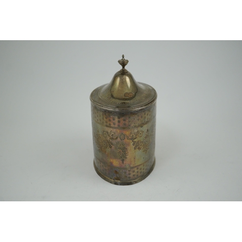 21 - A George III silver oval tea caddy by Hester Bateman, with engraved decoration and armorial and turn... 