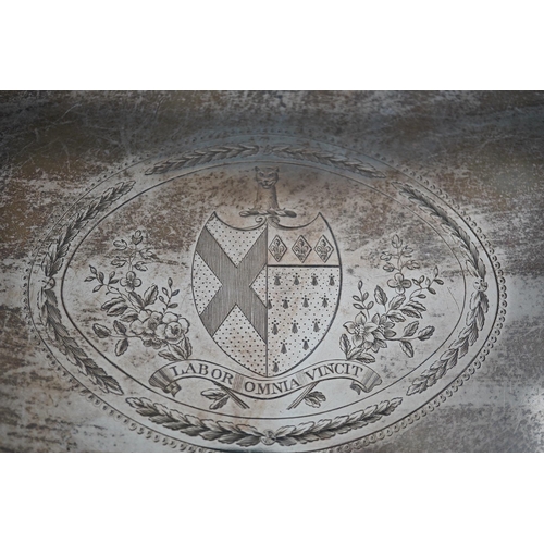 22 - A George III silver oval tea tray by Peter & Ann Bateman, with engraved armorial and reeded border, ... 