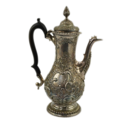 23 - A George III silver coffee pot, by Aldridge & Green, with later embossed decoration, of baluster for... 