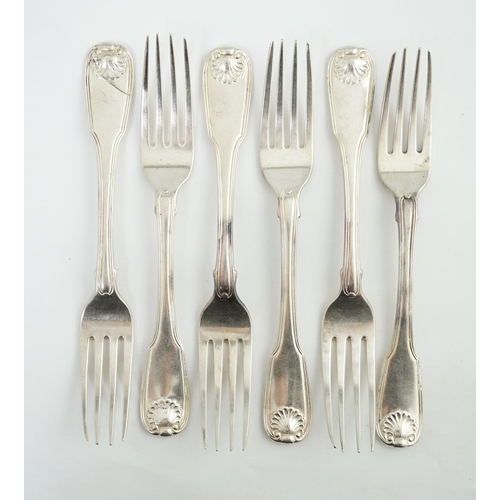 24 - A set of six George III silver fiddle, thread and shell pattern table forks, by William Eley and Wil... 