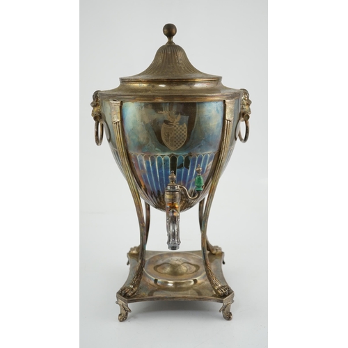 25 - A George III demi-fluted silver tea urn and cover, by John Scofield, of vase form, with engraved arm... 