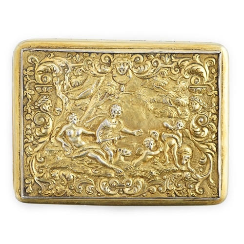 35 - A George III silver gilt rectangular snuff box, by William Parker, embossed with figures amongst fol... 