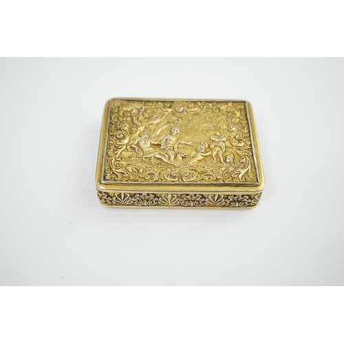 35 - A George III silver gilt rectangular snuff box, by William Parker, embossed with figures amongst fol... 