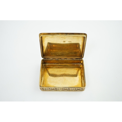 35 - A George III silver gilt rectangular snuff box, by William Parker, embossed with figures amongst fol... 