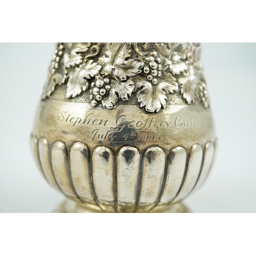 42 - A George IV demi-fluted silver christening cup, by Eames & Barnard, of baluster form, with band of f... 