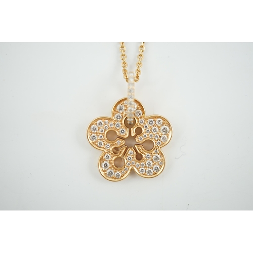 483 - A modern suite of Boodles & Dunthorne 18ct rose gold and diamond chip set jewellery, of flower head ... 