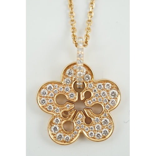 483 - A modern suite of Boodles & Dunthorne 18ct rose gold and diamond chip set jewellery, of flower head ... 