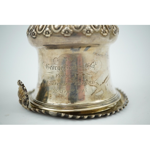 50 - A William IV silver wine funnel, by The Barnards, with gadrooned border, engraved inscription and fl... 