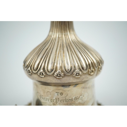 50 - A William IV silver wine funnel, by The Barnards, with gadrooned border, engraved inscription and fl... 