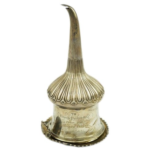 50 - A William IV silver wine funnel, by The Barnards, with gadrooned border, engraved inscription and fl... 