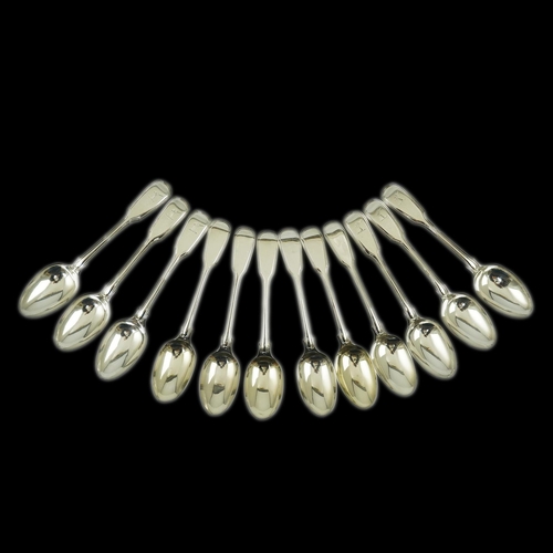 54 - Two sets of six William IV silver fiddle and thread pattern teaspoons, one with engraved crest, Will... 