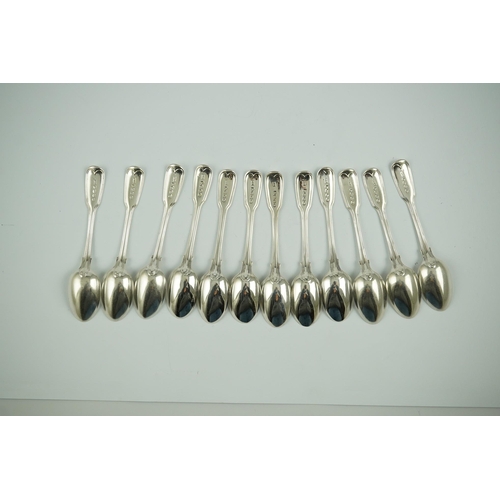 54 - Two sets of six William IV silver fiddle and thread pattern teaspoons, one with engraved crest, Will... 