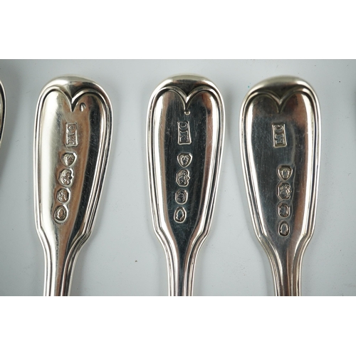 54 - Two sets of six William IV silver fiddle and thread pattern teaspoons, one with engraved crest, Will... 