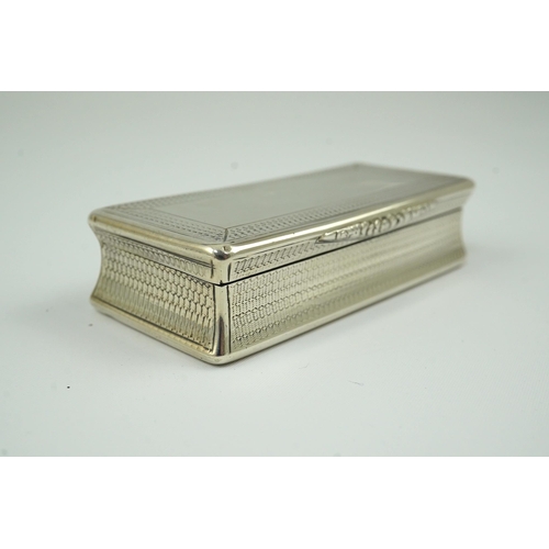 55 - A late William IV engine turned silver rectangular snuff box, by Francis Clark, Birmingham, 1836, 92... 