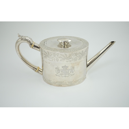 58 - A George IV silver oval teapot by Eames & Barnard, engraved with Coat of Arms of the Duke of Bedford... 