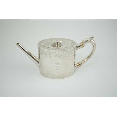 58 - A George IV silver oval teapot by Eames & Barnard, engraved with Coat of Arms of the Duke of Bedford... 