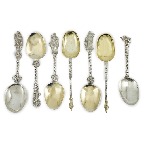 63 - Eight assorted late 19th century continental silver historismus apostle spoons, two with gilded fini... 