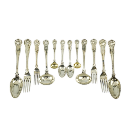 66 - A matched part canteen of George IV and later silver shell scroll pattern flatware, comprising four ... 