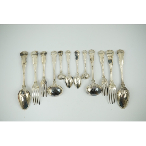 66 - A matched part canteen of George IV and later silver shell scroll pattern flatware, comprising four ... 