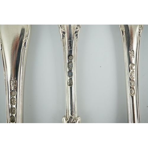 66 - A matched part canteen of George IV and later silver shell scroll pattern flatware, comprising four ... 