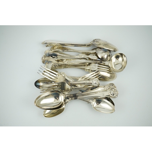 66 - A matched part canteen of George IV and later silver shell scroll pattern flatware, comprising four ... 