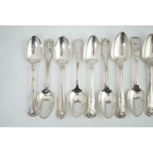 72 - A harlequin set of twelve Georgian and Victorian silver Kings pattern dessert spoons, various dates ... 