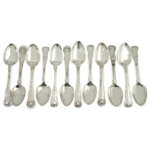 72 - A harlequin set of twelve Georgian and Victorian silver Kings pattern dessert spoons, various dates ... 