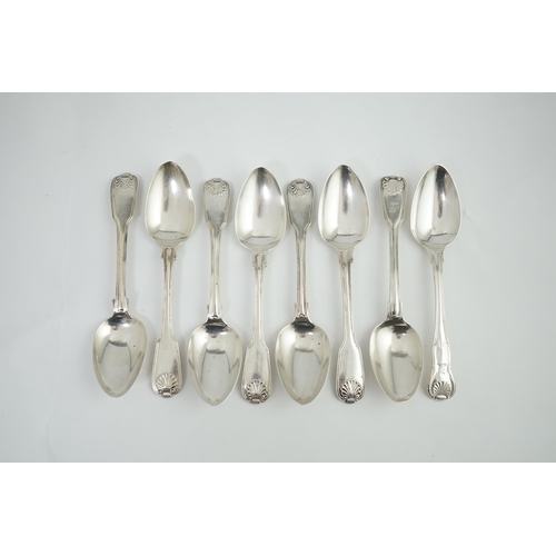 73 - A set of seven George IV silver fiddle, thread and shell pattern dessert spoons, by Francis Higgins ... 