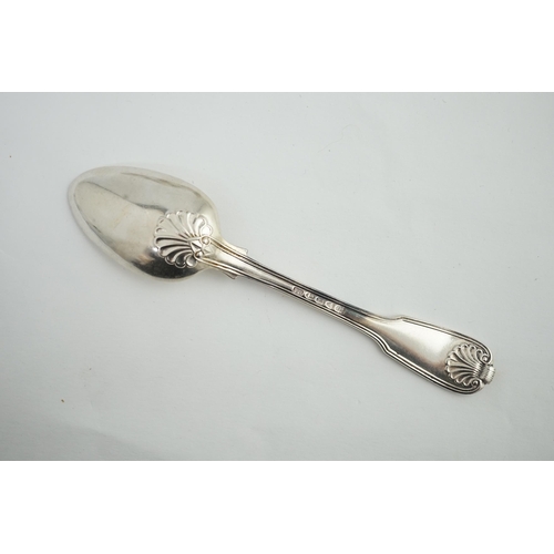 73 - A set of seven George IV silver fiddle, thread and shell pattern dessert spoons, by Francis Higgins ... 