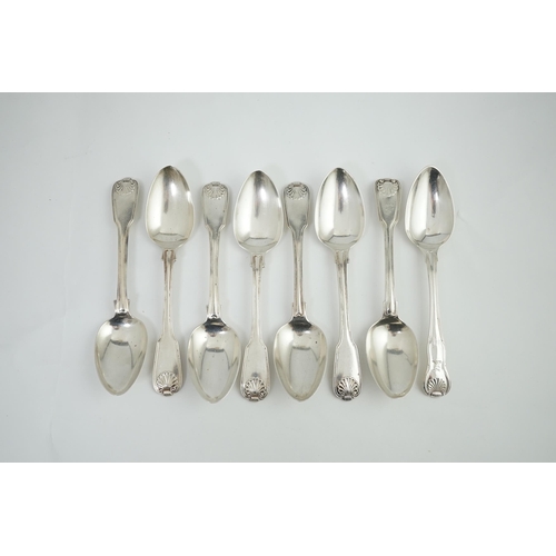 73 - A set of seven George IV silver fiddle, thread and shell pattern dessert spoons, by Francis Higgins ... 