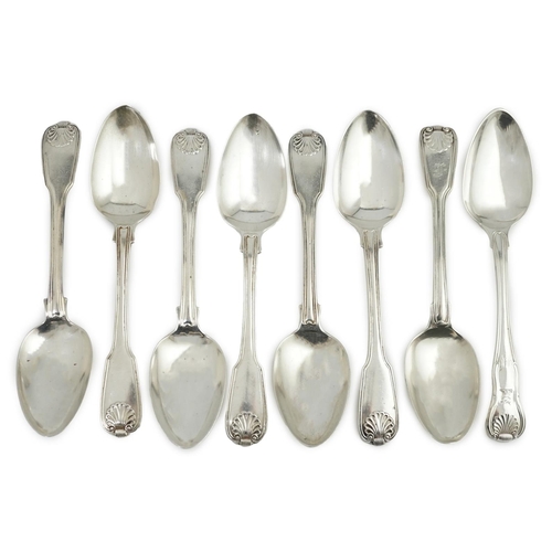 73 - A set of seven George IV silver fiddle, thread and shell pattern dessert spoons, by Francis Higgins ... 