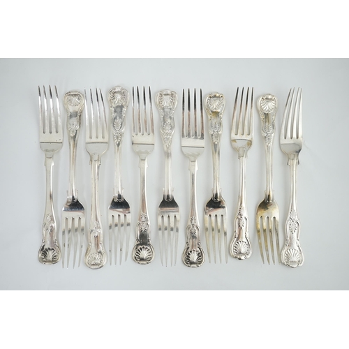 76 - A harlequin set of eleven Georgian and Victorian silver Kings pattern table forks, various dates and... 