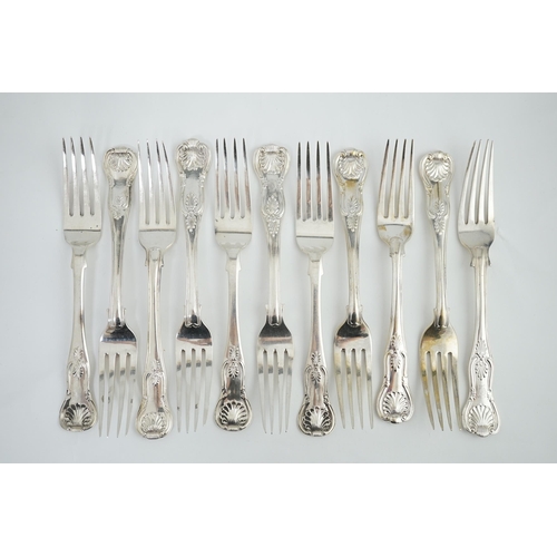 76 - A harlequin set of eleven Georgian and Victorian silver Kings pattern table forks, various dates and... 