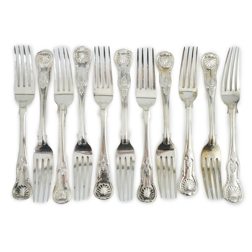 76 - A harlequin set of eleven Georgian and Victorian silver Kings pattern table forks, various dates and... 