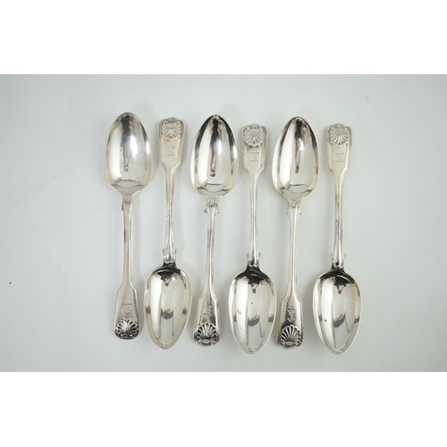 77 - A set of five Victorian silver fiddle, thread and shell pattern table spoons, by Henry John Lias and... 