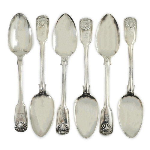 77 - A set of five Victorian silver fiddle, thread and shell pattern table spoons, by Henry John Lias and... 