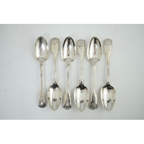 77 - A set of five Victorian silver fiddle, thread and shell pattern table spoons, by Henry John Lias and... 