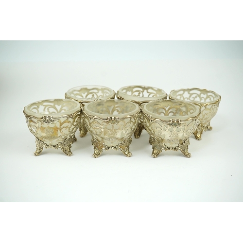 78 - A set a six Victorian pierced silver circular sorbet dishes, with frosted glass liners, Edward & Joh... 