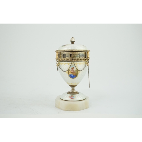 87 - A 19th century Swiss miniature silver and guilloche enamel urn shaped timepiece, with painted panels... 