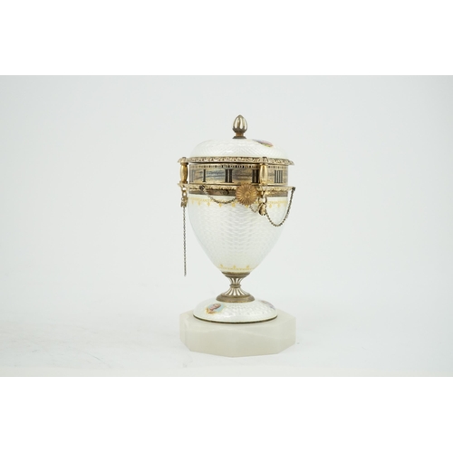 87 - A 19th century Swiss miniature silver and guilloche enamel urn shaped timepiece, with painted panels... 