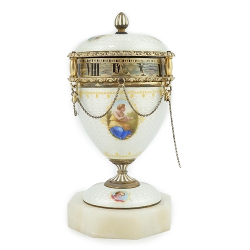 87 - A 19th century Swiss miniature silver and guilloche enamel urn shaped timepiece, with painted panels... 