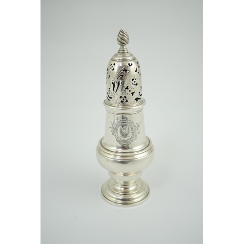 9 - An early George III silver baluster sugar caster, by John Delmester, with engraved armorial, London,... 