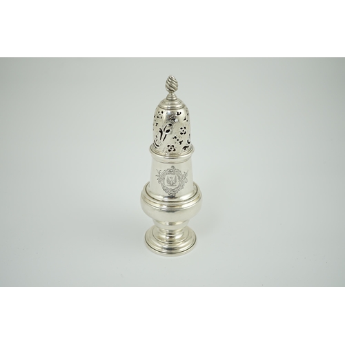 9 - An early George III silver baluster sugar caster, by John Delmester, with engraved armorial, London,... 