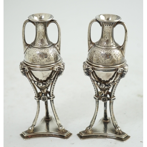 93 - A pair of Victorian silver miniature urns on stands, by William & John Barnard, with engraved decora... 