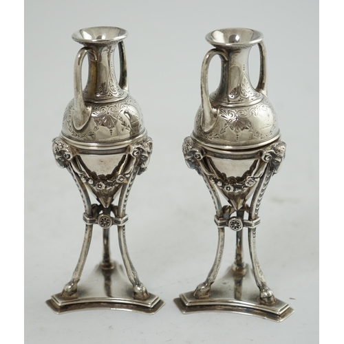 93 - A pair of Victorian silver miniature urns on stands, by William & John Barnard, with engraved decora... 