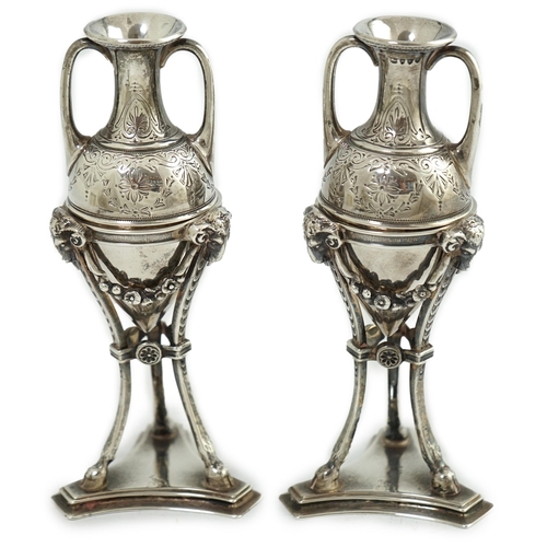 93 - A pair of Victorian silver miniature urns on stands, by William & John Barnard, with engraved decora... 