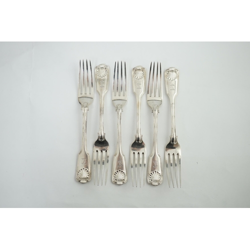 97 - A set of six Victorian silver fiddle, thread and shell pattern table forks, by Henry John Lias and J... 