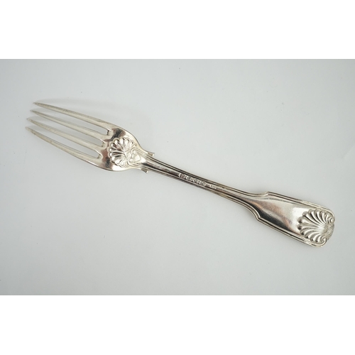 97 - A set of six Victorian silver fiddle, thread and shell pattern table forks, by Henry John Lias and J... 